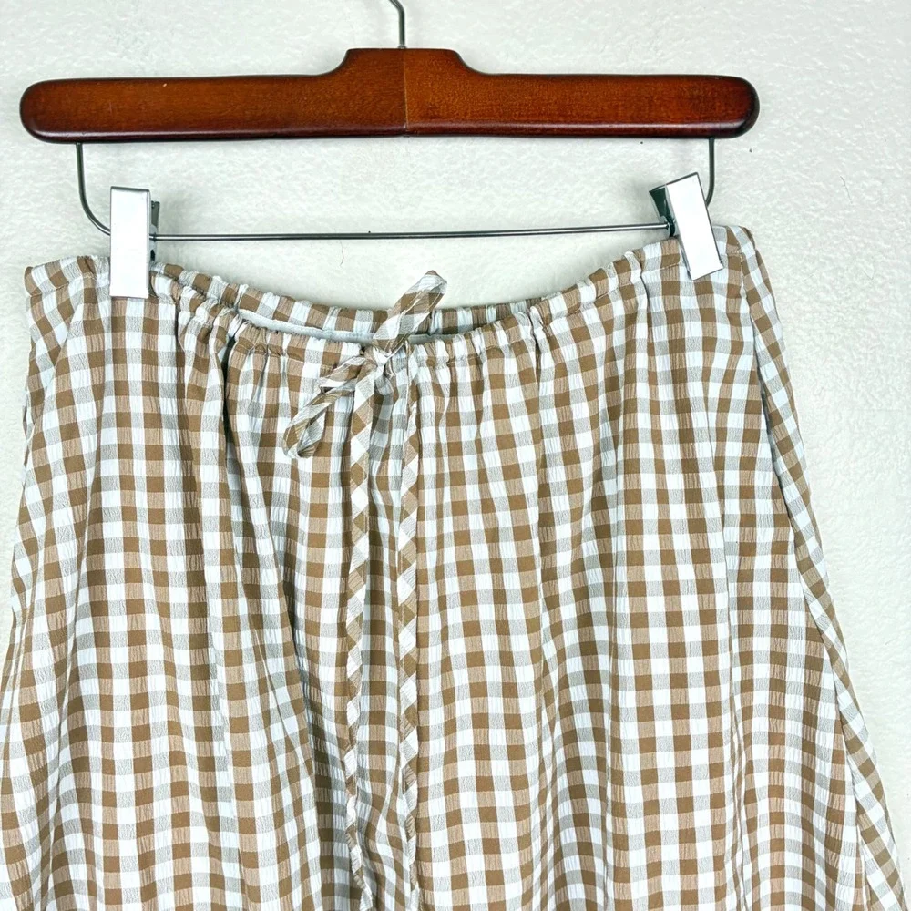Emerson Lang Skirt XL Bubble Balloon Hem Midi Gingham Cottage Boho Brown Plaid